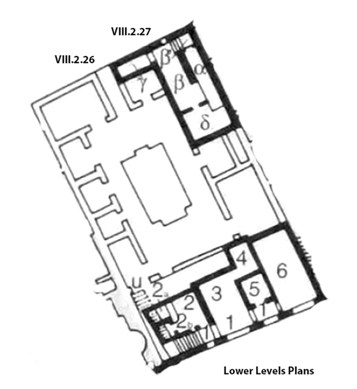 VIII.2.26-27 Pompeii. Casa del Cinghiale II or House of Vesbinus. Lower levels plan.
The plan shows the lower floor and the underground area entered from VIII.2.27.